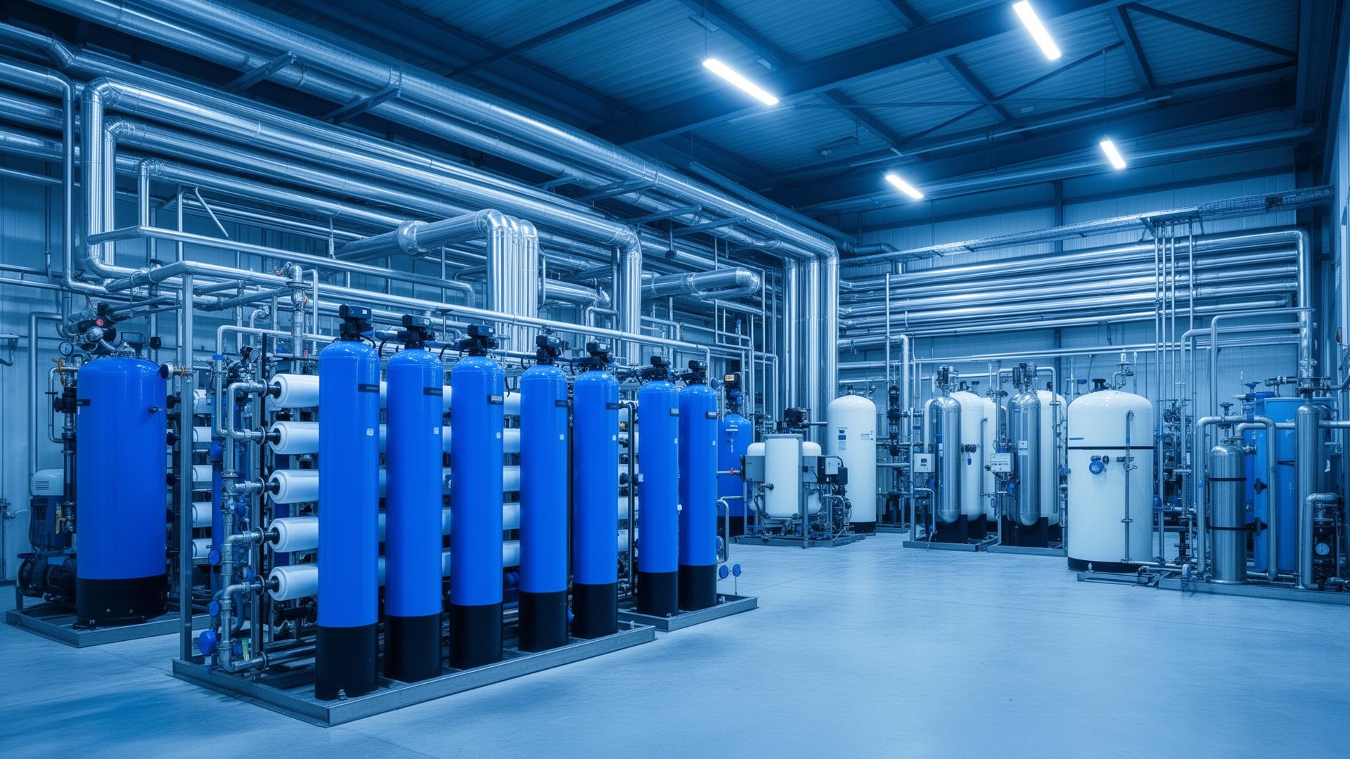 Industrial water treatment plant with blue RO tanks and stainless steel piping